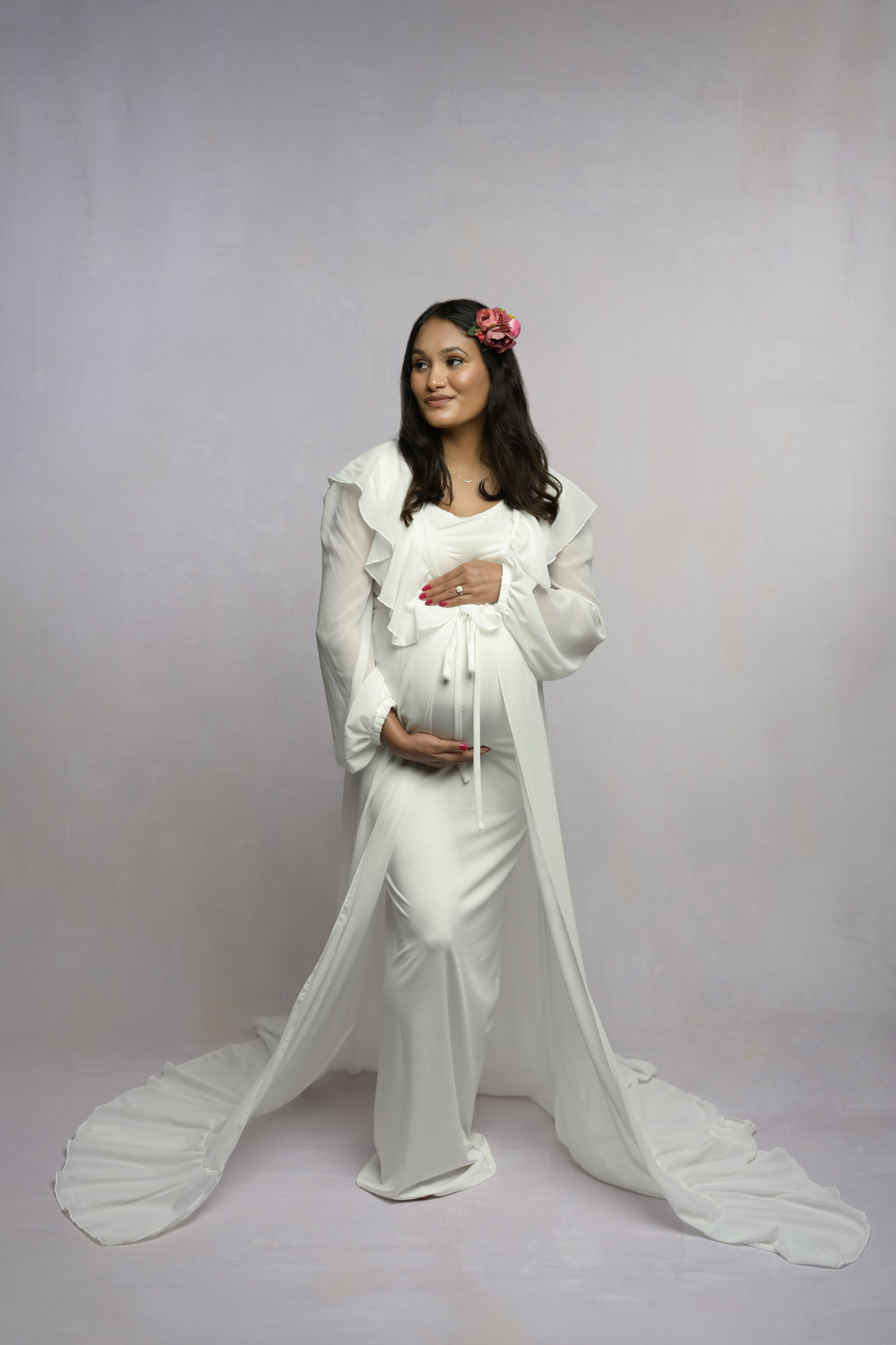 white maternity photo shoot robe