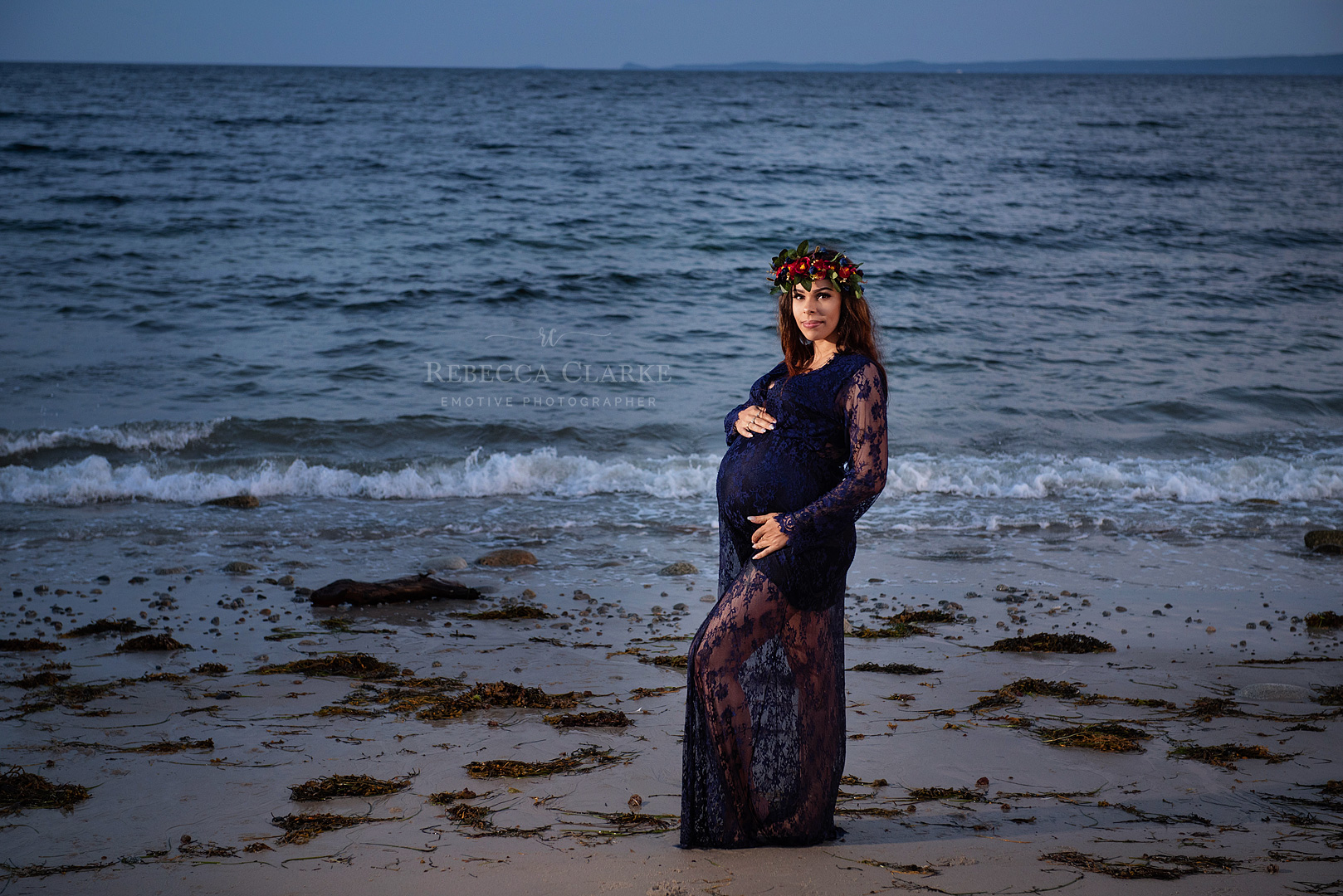 blue lace maternity gown for photo shoot