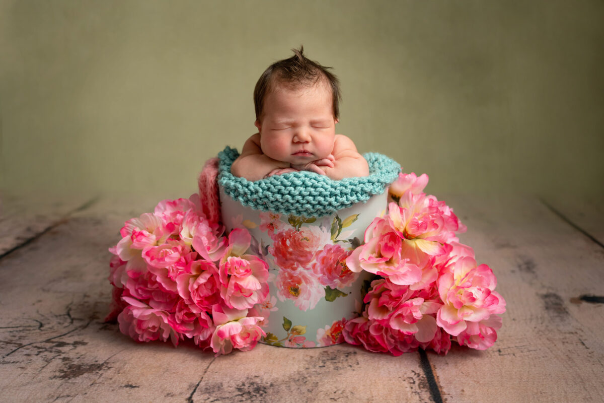 pink and green baby girl floral newborn session