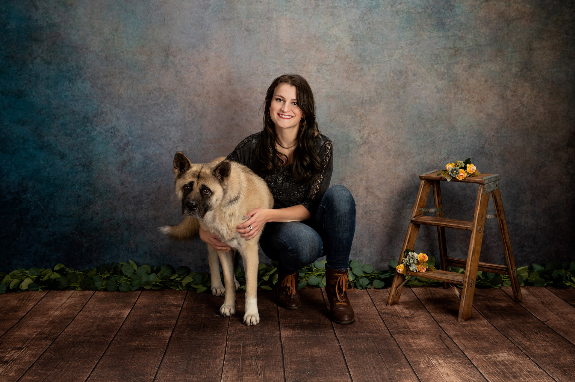 Pet photography of dog with her owner photographed at Halifax studio
