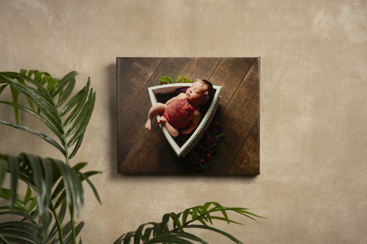 Gallery wrapped canvas print of a baby girl hanging on a wall with a plant below